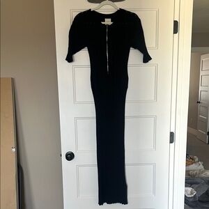 Varley Black Ribbed Zip Maxi Dress with Short Sleeves